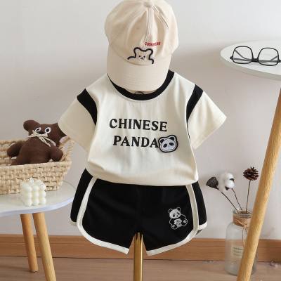 Boys summer suit baby short-sleeved two-piece suit stylish 2024 new letter block panda children's clothes trend