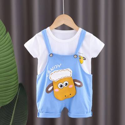 Summer new boys and girls solid color casual short-sleeved suits little sheep overalls baby summer two-piece suit