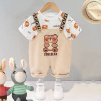 Girls summer casual short-sleeved suit new style baby cartoon bear baby girl summer two-piece suit  Beige
