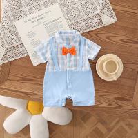 Infant summer clothes new thin newborn one-piece clothes for boys fake two-piece gentleman's checkered half-sleeved khaki  Blue