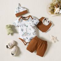 New Summer Animal Print Baby Boy Romper with Solid Color Shorts + Hat + Bibs Set  Brown