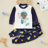 2 piezas para niño pequeño con estampado de astronauta de dibujos animados, top de manga larga y pantalones a juego  Azul marino