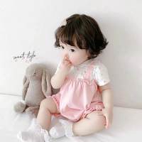 Infant and newborn baby girl fashionable and comfortable short-sleeved summer clothes one-piece jumpsuit princess harem trendy  Pink