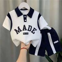 Boys summer suit cool and handsome 2024 new boys short-sleeved children's street clothes summer baby polo shirt trendy  Navy Blue