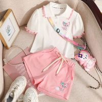 Abito da bambina estate 2024 nuovo stile bambini medi e grandi e ragazze pantaloncini dolci a maniche corte stile coreano set in due pezzi sottili  Rosa
