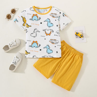 2-piece Toddler Boy Pure Cotton Letter and Dinosaur Printed Short Sleeve T-shirt & Solid Color Shorts