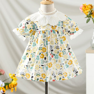Toddler Girl Pure Cotton Lapel Patchwork Floral Printed Short Sleeve Dress