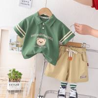 Retro bear print POLO shirt boy's suit solid color top and shorts two-piece suit all-match children's suit  Green