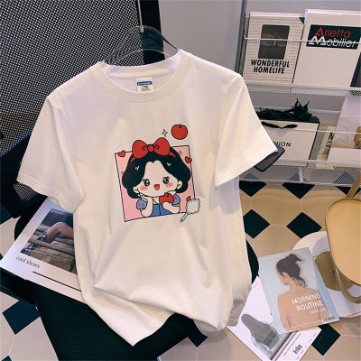 Camiseta de manga curta casual com estampa de desenho animado simples solta