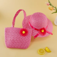 Bolso de mano con decoración de flores para niñas de 2 piezas y sombrero a juego  Rosa caliente