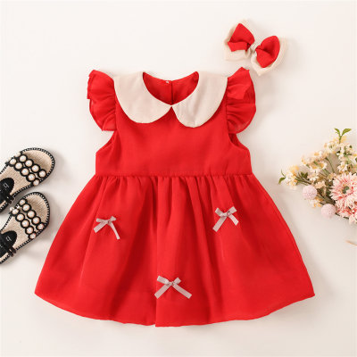 Toddler Girls Solid Bowknot Patchwork Color-block Dress
