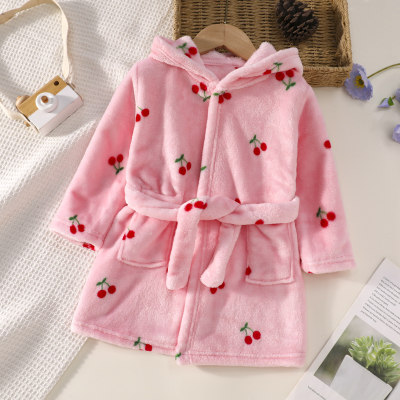 Toddler Girl Cherry Pattern Printed Hooded Long Sleeve Plush Bathrobe