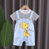 Summer new boys round neck striped casual short-sleeved denim fawn overalls baby baby two-piece suit  White