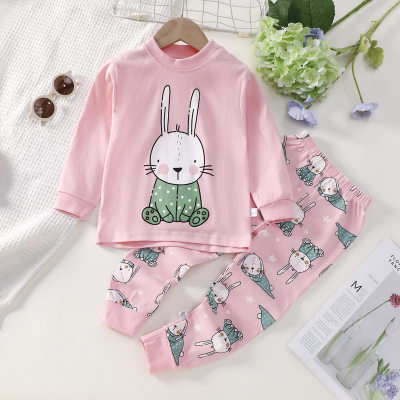 2-piece Toddler Girl Pure Cotton Bunny Printed Long Sleeve Top & Allover Printed Pants