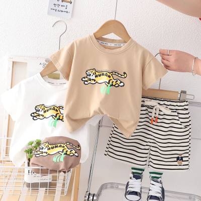 Summer children's suit printed cotton short-sleeved T-shirt striped shorts two-piece casual boy suit in stock