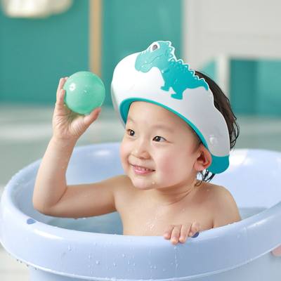 Cuffia per shampoo dinosauro protezione per occhi e orecchie in silicone per bambini, cuffia da doccia impermeabile per bambini