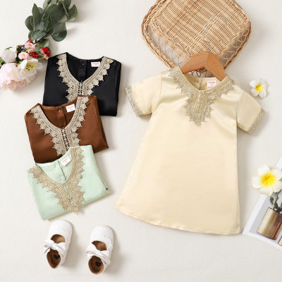 hibobi Baby Solid Color Embroidered Lace V-neck Dress