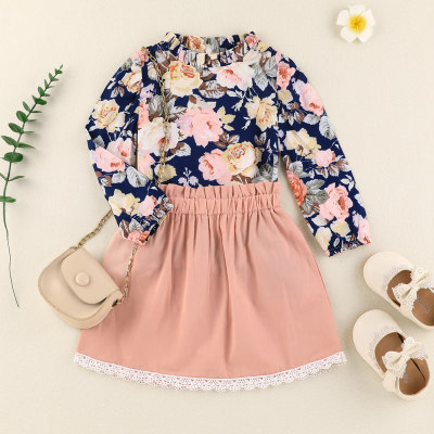 Blusa floral de manga larga para niños pequeños y falda de color sólido de encaje