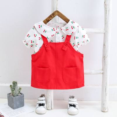 Children's suit for girls, cherry print overalls skirt, two-piece suit, summer fashion