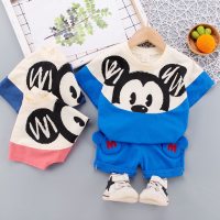 Versión coreana de ropa infantil para niños pequeños y medianos 2023 verano nuevo estilo niños y niñas conjunto de comercio exterior de animales de dibujos animados a juego de colores para bebés  Azul