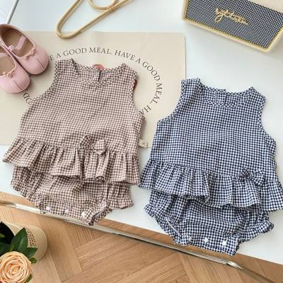 [Free shipping for two pieces, no refund] 0-2 years old summer girls sleeveless top plaid shirt shorts two-piece suit AT012