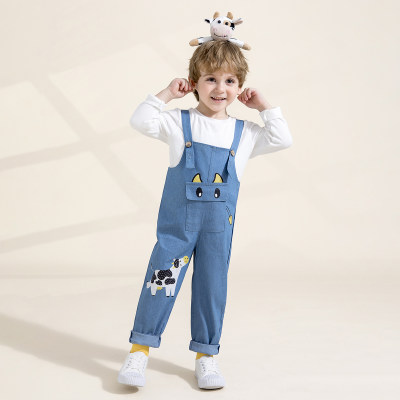 hibobi Boy Baby Cute Dairy Cows Print Denim Strappy Trousers Suit