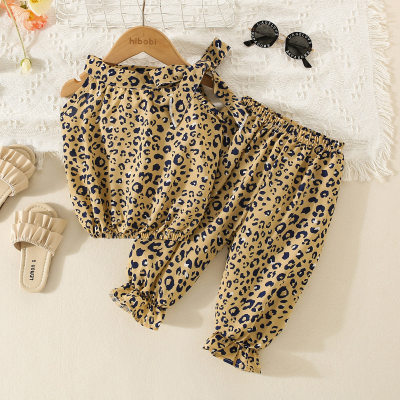 2-piece Toddler Girl Leopard Printed Halted Neck Blouse & Matching Flare Pants
