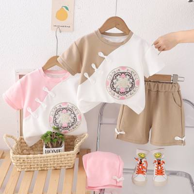 Terno da menina do bebê 2024 novo estilo coreano camisa de manga curta de duas peças dos desenhos animados roupas de bebê das crianças