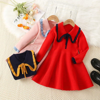 Kid Girl Solid Color Bowknot Lapel Long Sleeve Knitted Dress