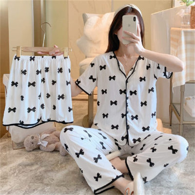Women's short-sleeved trousers three-piece suit with bow print