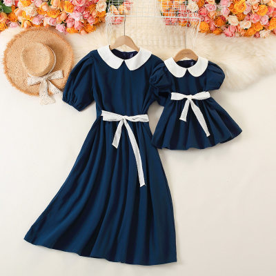 Mom Baby Clothes Color-block Bowknot Decor Shirt Collar Dress