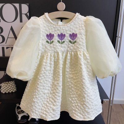 Abbigliamento per bambini estate nuovo stile 2023 bambina transfrontaliera maniche a sbuffo piccolo fiore ricamato abito a maniche lunghe
