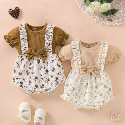 New summer girls newborn baby one-piece full moon romper floral bow fake two-piece triangle climbing clothes