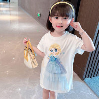 Girls Summer and Autumn Clothes 2023 Western Style Korean Style Mid-Length T-Shirt Skirt Girls Short-Sleeved Cotton Top T-Shirt  White