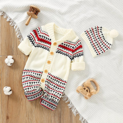 Baby Casual Stripes Pattern Long Sleeve Knitted Jumpsuit & Hat