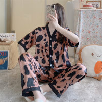 Women's 2 piece leopard print ice silk print pattern pajamas set  Pink