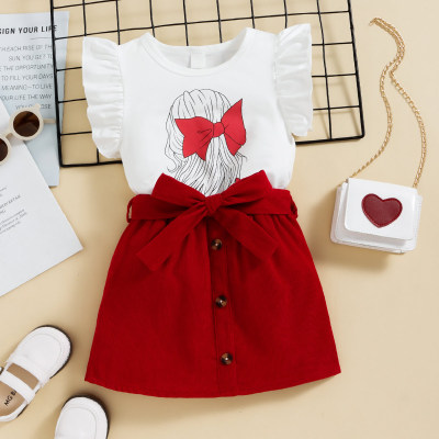 Toddler Girl Sweet Eleguard Cartoon Butterfly Sleeve Tank Top & Skirt & Belt