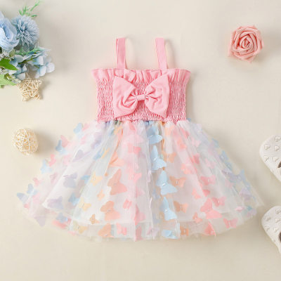 Baby Girl Gradient Color Patchwork Bowknot Decor Strap Dress