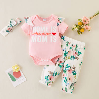 Baby Girl Letter Pattern Ruffle-sleeve Bodysuit & Floral Pants & Headband