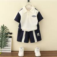 Children's clothing boys summer suit 2023 new handsome baby short-sleeved clothes children's summer polo shirt two-piece set  Navy Blue