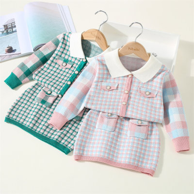2-piece Toddler Girl Plaid Lapel Patchwork Button-up Knitted Cardigan & Matching Skirt