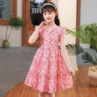Girls summer thin dress princess dress stylish middle and large children summer dress small floral children's skirt  Pink