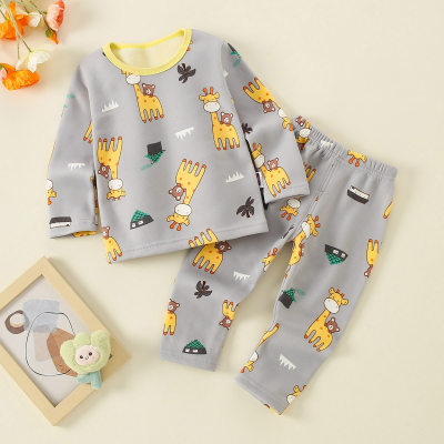 2-piece Toddler Boy Allover Giraffe Pattern Fleece-lined Long Sleeve Top & Matching Pants