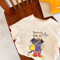 Niedliches Baby-Cartoon-Muster-Top-Shirt für Kinder aus reiner Baumwolle, kurzärmeliges T-Shirt im neuen Stil 2024 für Jungen und Mädchen im Sommer  Mehrfarbig