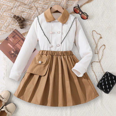 2-piece Kid Girl Lapel Patchwork Bead Front Shirt & Solid Color Pocket Front Pleated Skirt