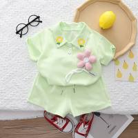New summer girls' small flower lapel short-sleeved suit baby girl casual shorts two-piece suit  Green