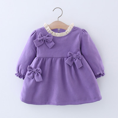 Toddler Girl 100% Cotton Solid Color Ruffled Bowknot Decor Long Sleeve Umbrella Dress