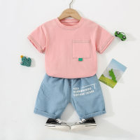 2-piece Toddler Boy Solid Color Pocket Front T-shirt & Letter Printed Denim Pants  Pink