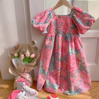 Girls skirt wrinkled puff sleeves large flower dress princess skirt 24 summer new foreign trade children's clothing  Pink