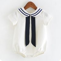 Baby one-piece harem newborn navy style summer thin section male and female baby pure cotton foreign style short-sleeved romper suit  White